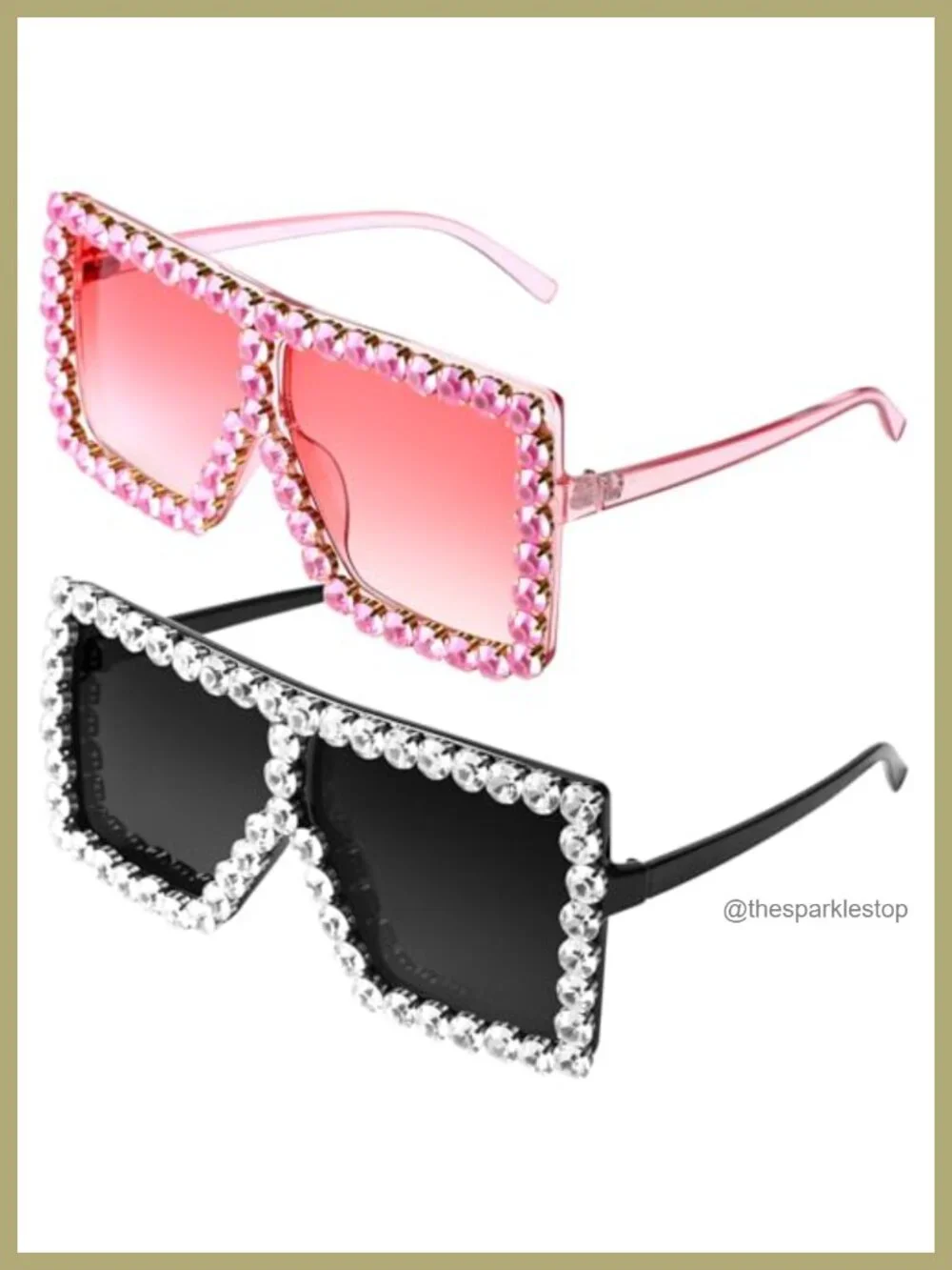 2 Pairs Oversized Square Crystal Rhinestone Sunglasses Retro Flat Top